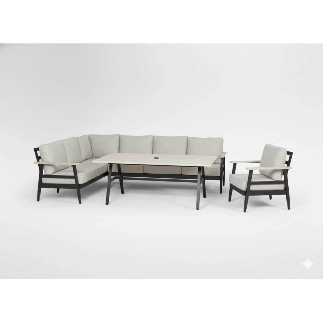 Salon de jardin d'angle ALTARA 6 places en aluminium noir avec table repas et coussins beige
