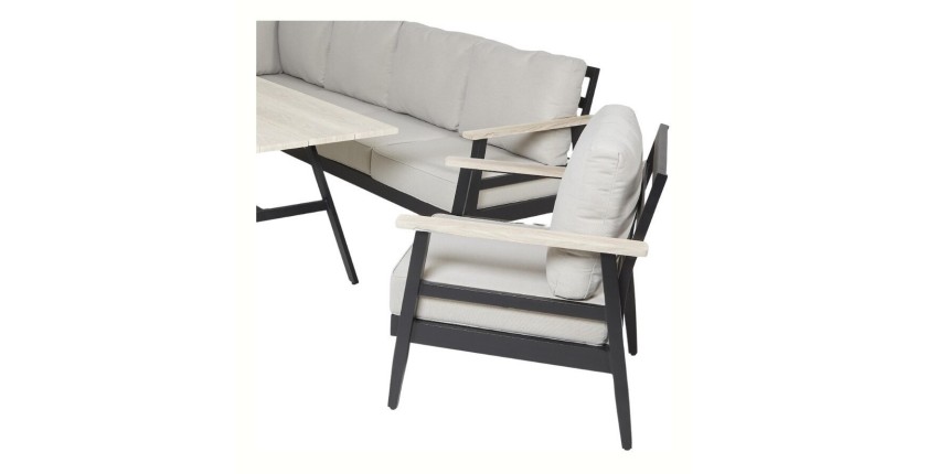 Salon de jardin d'angle ALTARA 6 places en aluminium noir avec table repas et coussins beige