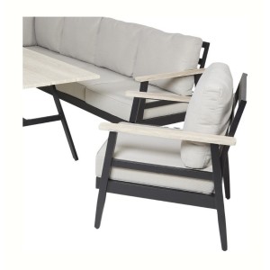 Salon de jardin d'angle ALTARA 6 places en aluminium noir avec table repas et coussins beige
