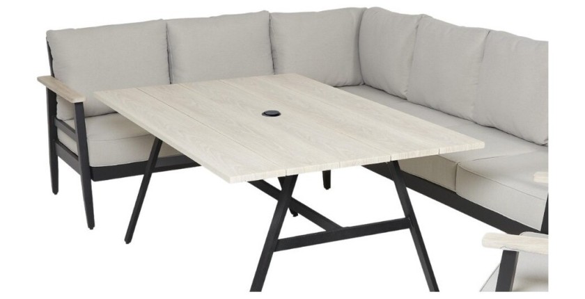 Salon de jardin d'angle ALTARA 6 places en aluminium noir avec table repas et coussins beige