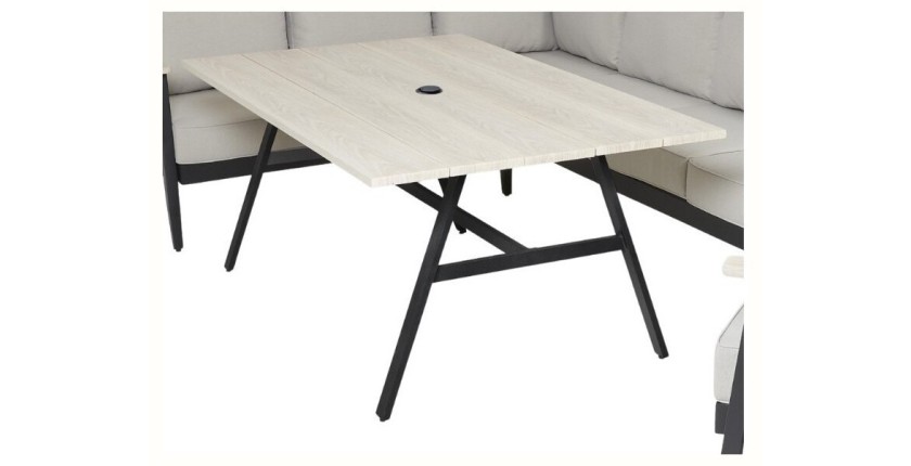 Salon de jardin d'angle ALTARA 6 places en aluminium noir avec table repas et coussins beige