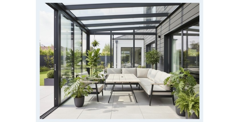 Salon de jardin d'angle ALTARA 6 places en aluminium noir avec table repas et coussins beige