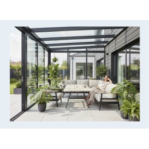 Salon de jardin d'angle ALTARA 6 places en aluminium noir avec table repas et coussins beige
