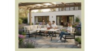 Salon de jardin d'angle ALTARA 6 places en aluminium noir avec table repas et coussins beige