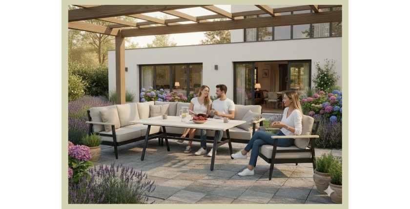 Salon de jardin d'angle ALTARA 6 places en aluminium noir avec table repas et coussins beige