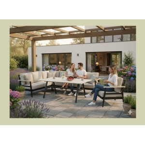 Salon de jardin d'angle ALTARA 6 places en aluminium noir avec table repas et coussins beige