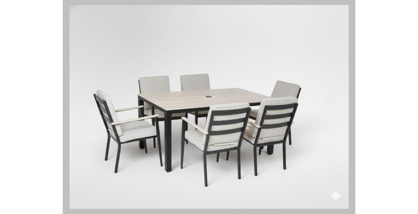 Salon de jardin VARENA 6 places en aluminium avec table repas et fauteuils beige