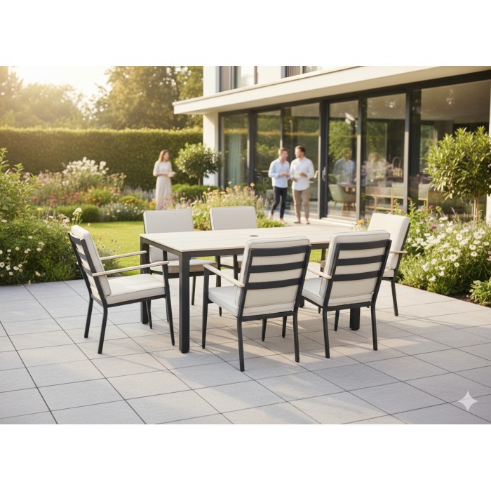 Salon de jardin VARENA 6 places en aluminium avec table repas et fauteuils beige