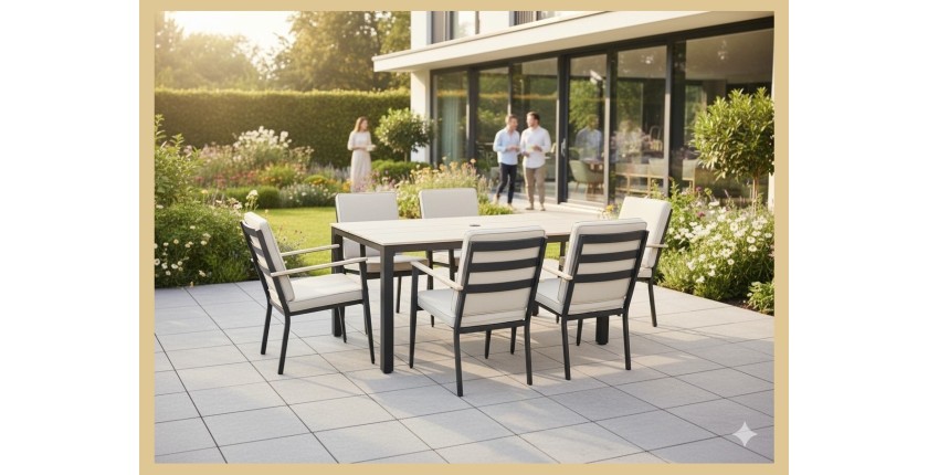 Salon de jardin VARENA 6 places en aluminium avec table repas et fauteuils beige