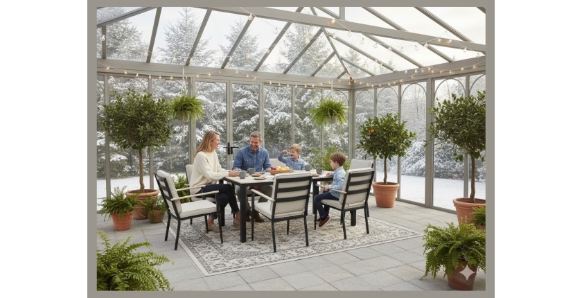 Salon de jardin VARENA 6 places en aluminium avec table repas et fauteuils beige