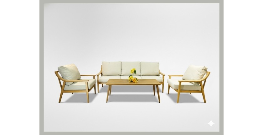 Salon de jardin ELVORA 5 places en aluminium effet bois avec canapé 3 places, fauteuils et table basse