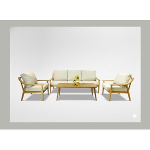 Salon de jardin ELVORA 5 places en aluminium effet bois avec canapé 3 places, fauteuils et table basse