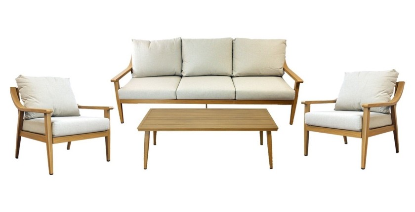 Salon de jardin ELVORA 5 places en aluminium effet bois avec canapé 3 places, fauteuils et table basse