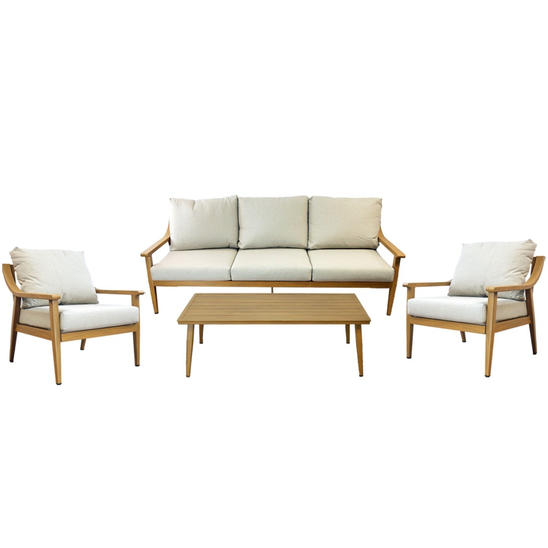 Salon de jardin ELVORA 5 places en aluminium effet bois avec canapé 3 places, fauteuils et table basse