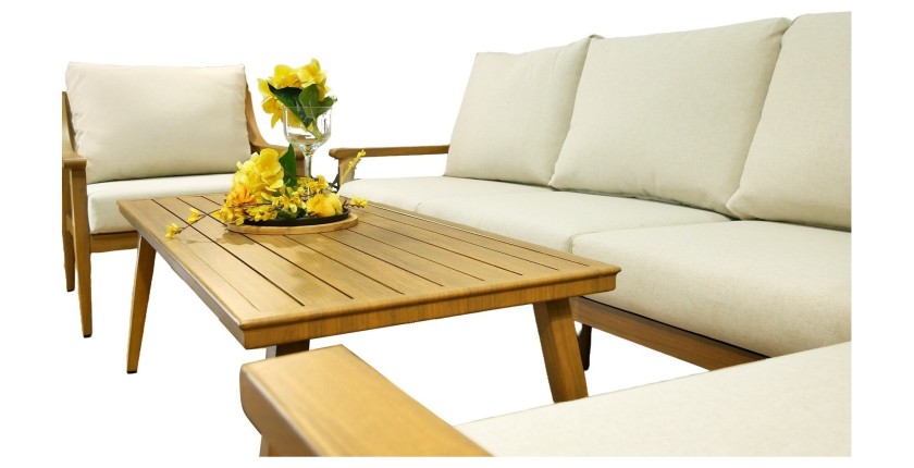 Salon de jardin ELVORA 5 places en aluminium effet bois avec canapé 3 places, fauteuils et table basse