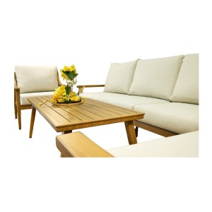 Salon de jardin ELVORA 5 places en aluminium effet bois avec canapé 3 places, fauteuils et table basse
