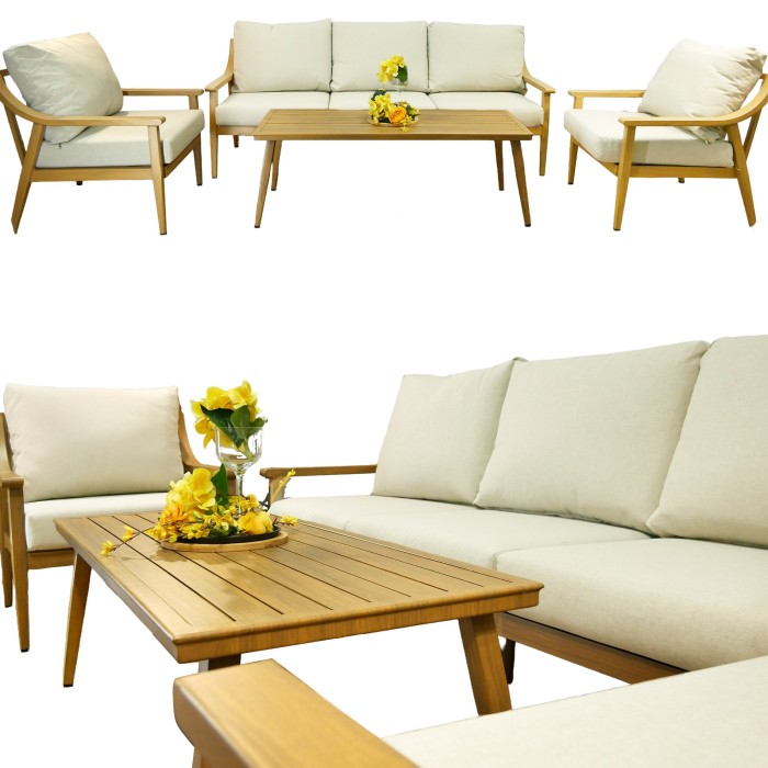 Salon de jardin ELVORA 5 places en aluminium effet bois avec canapé 3 places, fauteuils et table basse