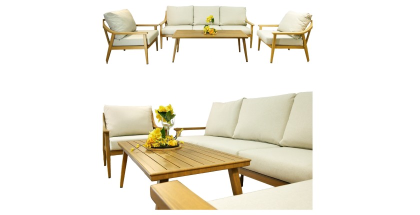 Salon de jardin ELVORA 5 places en aluminium effet bois avec canapé 3 places, fauteuils et table basse