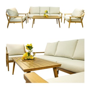 Salon de jardin ELVORA 5 places en aluminium effet bois avec canapé 3 places, fauteuils et table basse