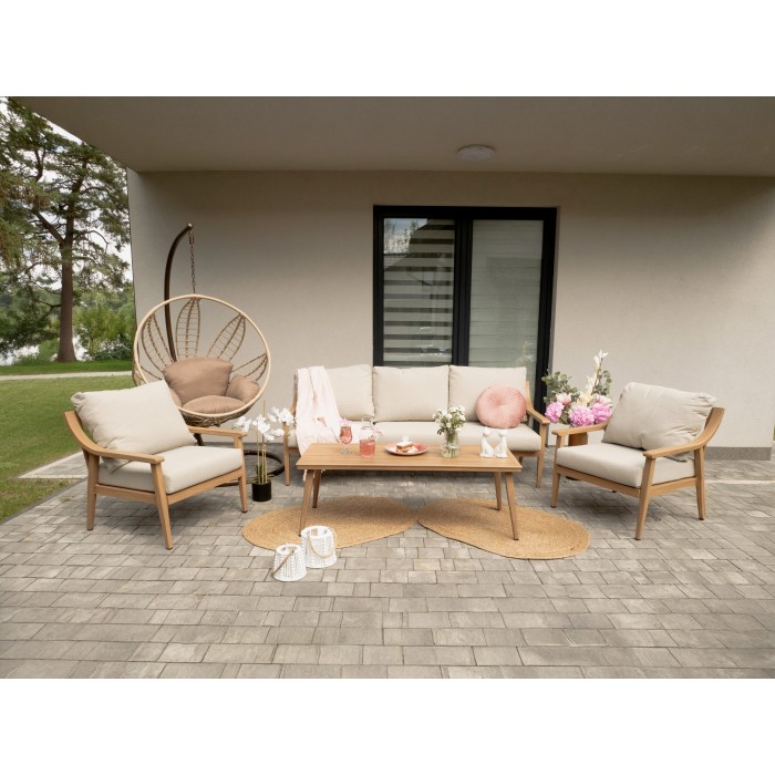 Salon de jardin ELVORA 5 places en aluminium effet bois avec canapé 3 places, fauteuils et table basse