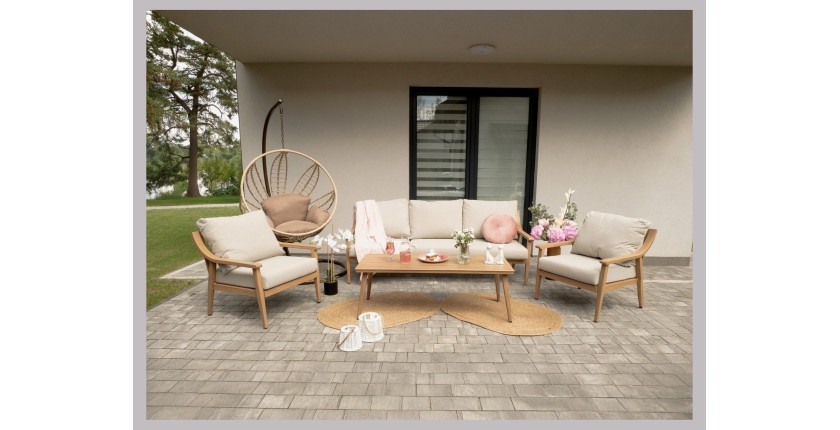 Salon de jardin ELVORA 5 places en aluminium effet bois avec canapé 3 places, fauteuils et table basse