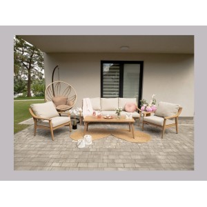 Salon de jardin ELVORA 5 places en aluminium effet bois avec canapé 3 places, fauteuils et table basse