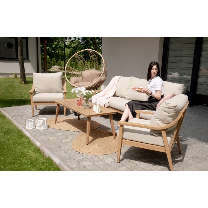 Salon de jardin ELVORA 5 places en aluminium effet bois avec canapé 3 places, fauteuils et table basse