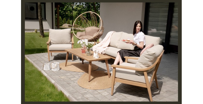 Salon de jardin ELVORA 5 places en aluminium effet bois avec canapé 3 places, fauteuils et table basse