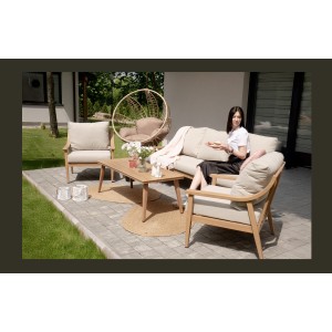 Salon de jardin ELVORA 5 places en aluminium effet bois avec canapé 3 places, fauteuils et table basse