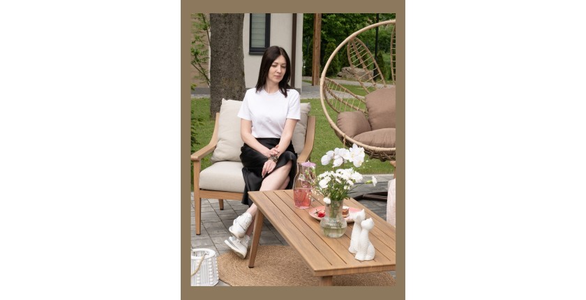 Salon de jardin ELVORA 5 places en aluminium effet bois avec canapé 3 places, fauteuils et table basse