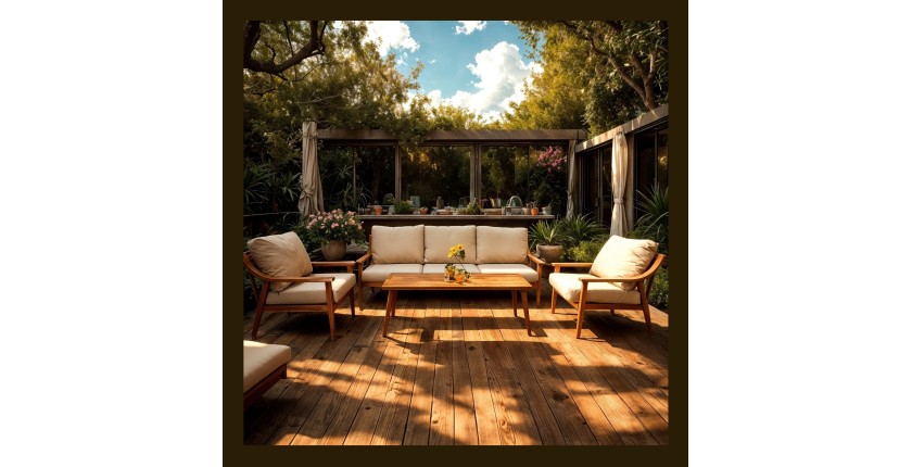 Salon de jardin ELVORA 5 places en aluminium effet bois avec canapé 3 places, fauteuils et table basse