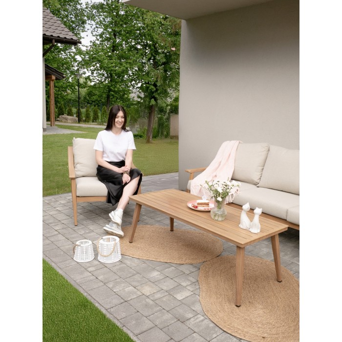 Salon de jardin ELVORA 5 places en aluminium effet bois avec canapé 3 places, fauteuils et table basse