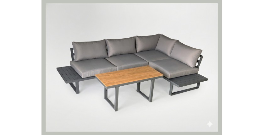 Salon de jardin d'angle LAVENTO 4 places en aluminium gris avec canapé et table basse relevable