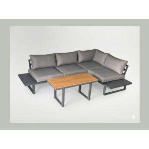 Salon de jardin d'angle LAVENTO 4 places en aluminium gris avec canapé et table basse relevable