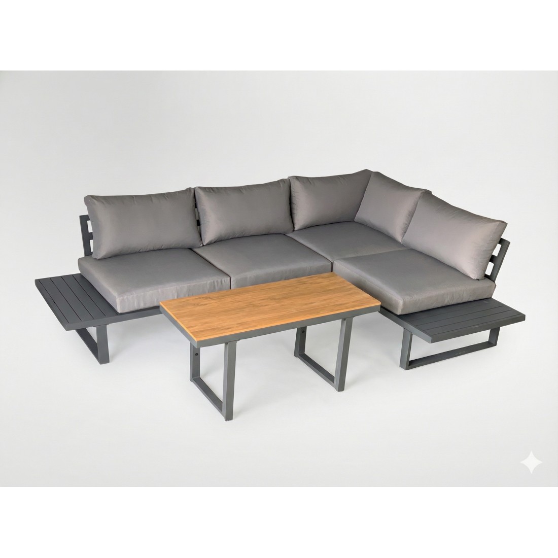 Salon de jardin d'angle LAVENTO 4 places en aluminium gris avec canapé et table basse relevable