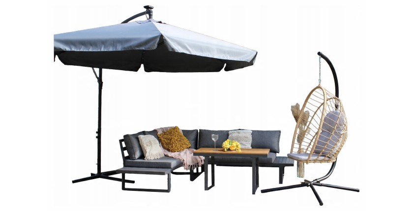 Salon de jardin d'angle LAVENTO 4 places en aluminium gris avec canapé et table basse relevable