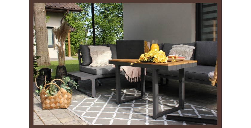 Salon de jardin d'angle LAVENTO 4 places en aluminium gris avec canapé et table basse relevable
