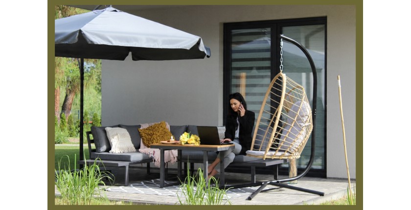 Salon de jardin d'angle LAVENTO 4 places en aluminium gris avec canapé et table basse relevable