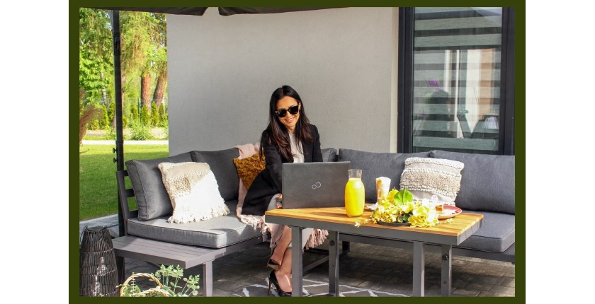 Salon de jardin d'angle LAVENTO 4 places en aluminium gris avec canapé et table basse relevable