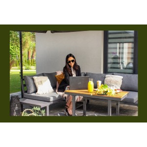 Salon de jardin d'angle LAVENTO 4 places en aluminium gris avec canapé et table basse relevable