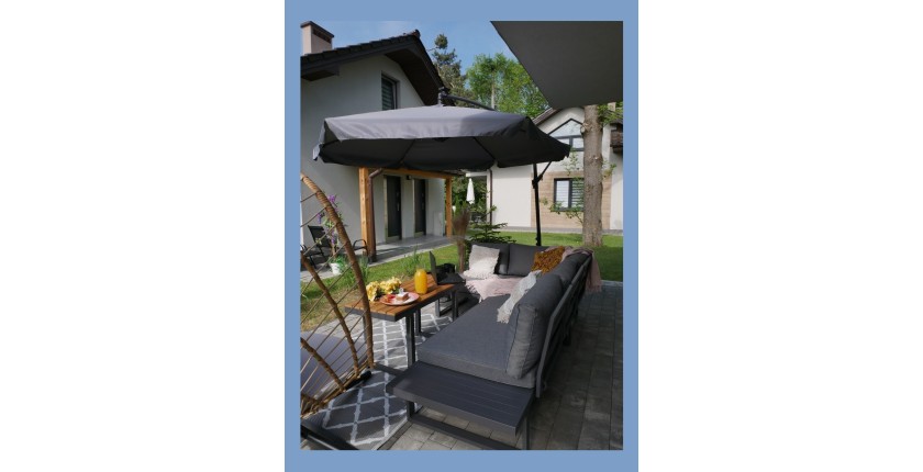 Salon de jardin d'angle LAVENTO 4 places en aluminium gris avec canapé et table basse relevable