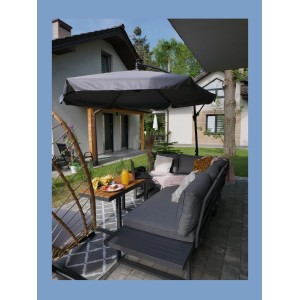 Salon de jardin d'angle LAVENTO 4 places en aluminium gris avec canapé et table basse relevable