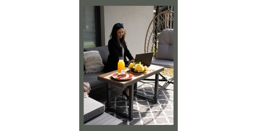 Salon de jardin d'angle LAVENTO 4 places en aluminium gris avec canapé et table basse relevable