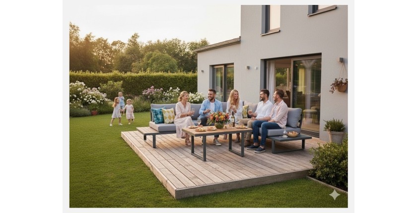 Salon de jardin d'angle LAVENTO 4 places en aluminium gris avec canapé et table basse relevable