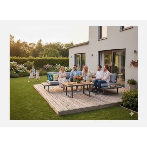 Salon de jardin d'angle LAVENTO 4 places en aluminium gris avec canapé et table basse relevable