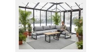 Salon de jardin d'angle LAVENTO 4 places en aluminium gris avec canapé et table basse relevable