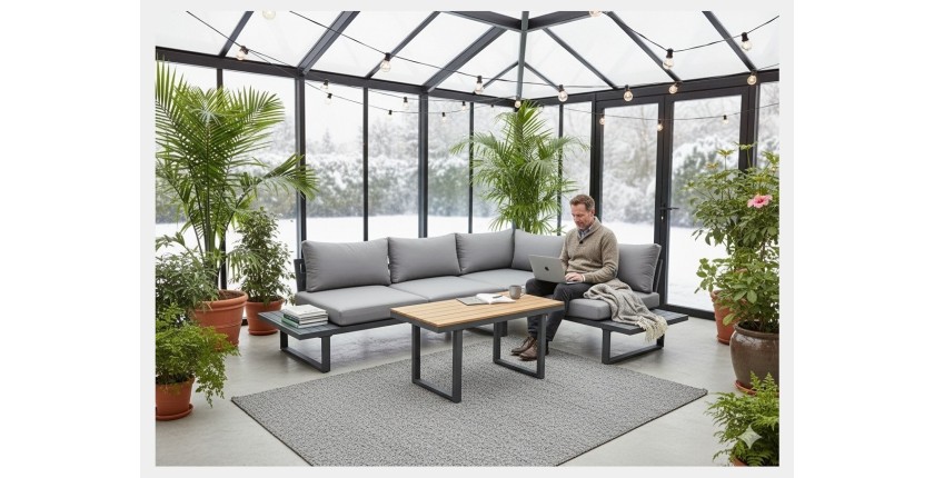 Salon de jardin d'angle LAVENTO 4 places en aluminium gris avec canapé et table basse relevable