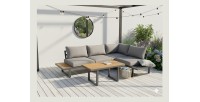 Salon de jardin d'angle LAVENTO 4 places en aluminium gris avec canapé et table basse relevable