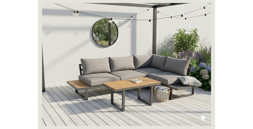 Salon de jardin d'angle LAVENTO 4 places en aluminium gris avec canapé et table basse relevable