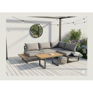 Salon de jardin d'angle LAVENTO 4 places en aluminium gris avec canapé et table basse relevable